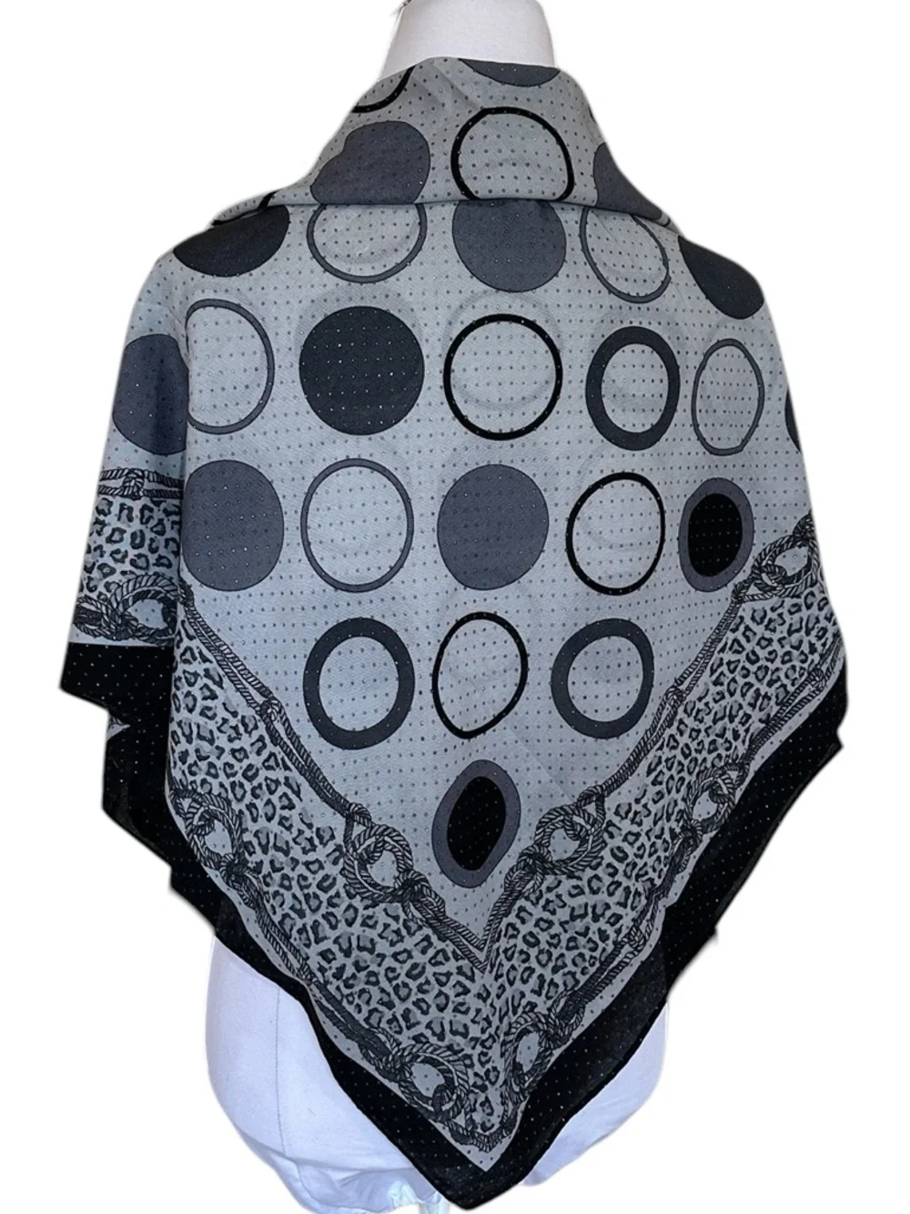 Black Gray Ivory Large Square Foulard Scarf Gold Metallic Dot Sheer Wrap 41”